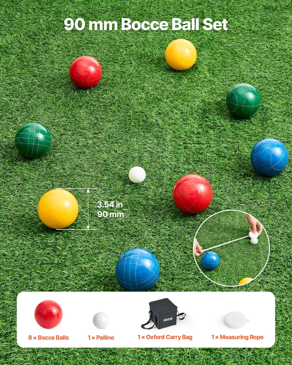 90mm bocce ball set with 8 colorful balls and white pallino on grass