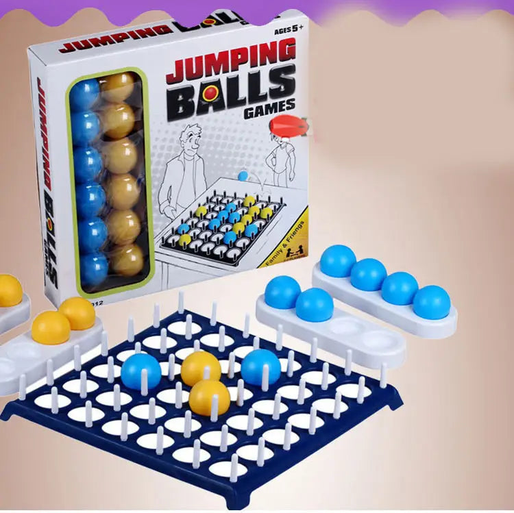 Desktop Bouncing Ball Game with blue yellow spheres on pegs in white tray