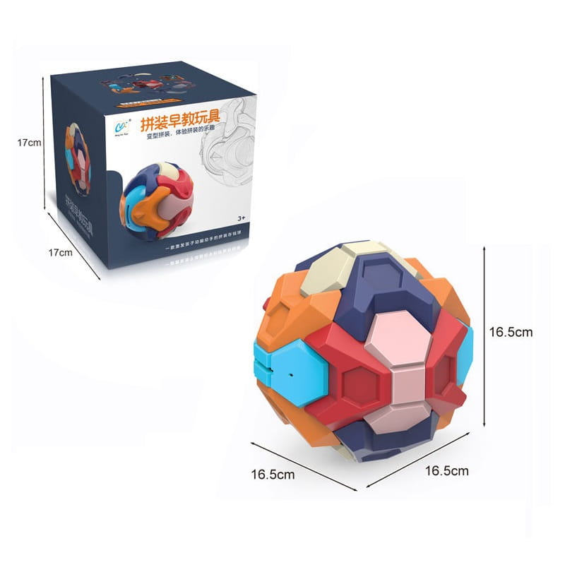 Colorful assembled ball piggy bank puzzle with red blue orange pink pieces