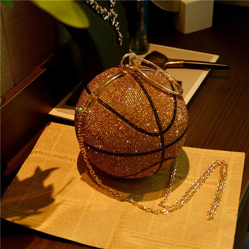 Sparkling gold rhinestone basketball clutch bag with chain strap