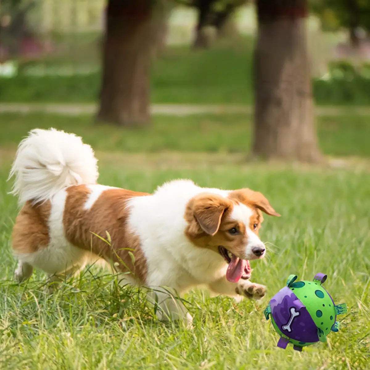 Vibrant green purple Dog Soccer Ball With Straps bone design toy