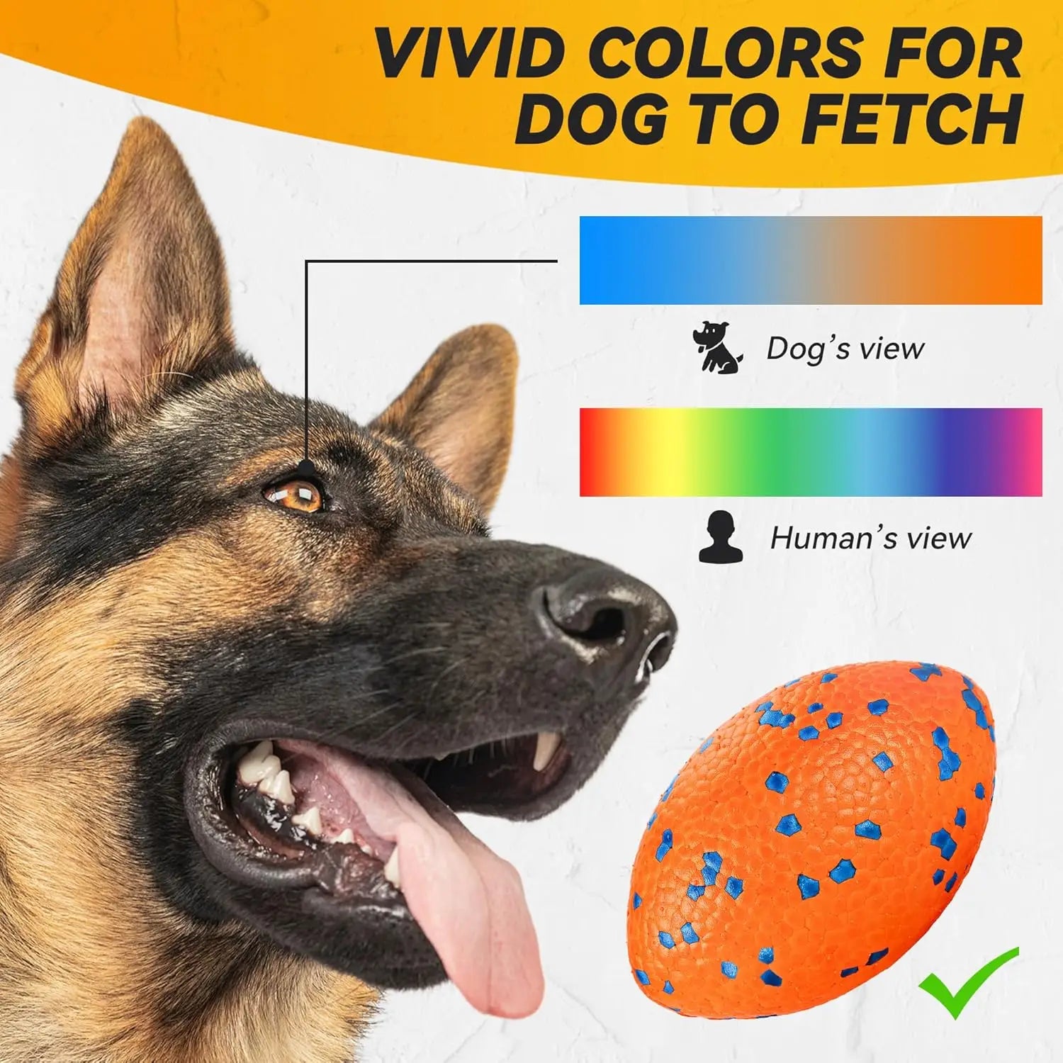 Indestructible large rugby ball dog toy in orange blue speckles