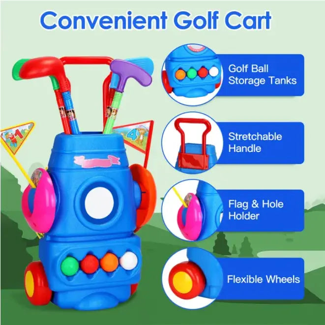 Toddler Golf Set: blue plastic toy golf cart with colorful clubs