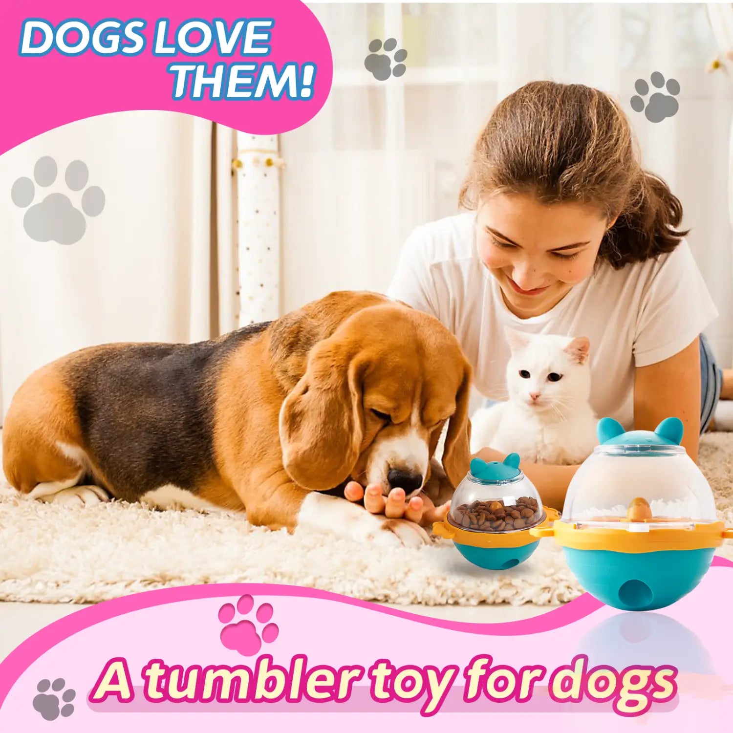 Blue yellow Dog Treat Balls tumbler toy with cat-shaped handles