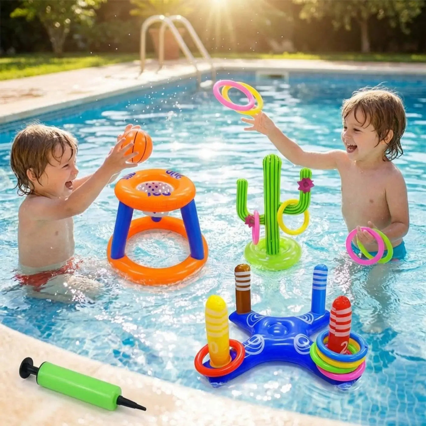 AK Brand ball game set: Inflatable Pool Games Set with Basketball Hoop and Ring Toss