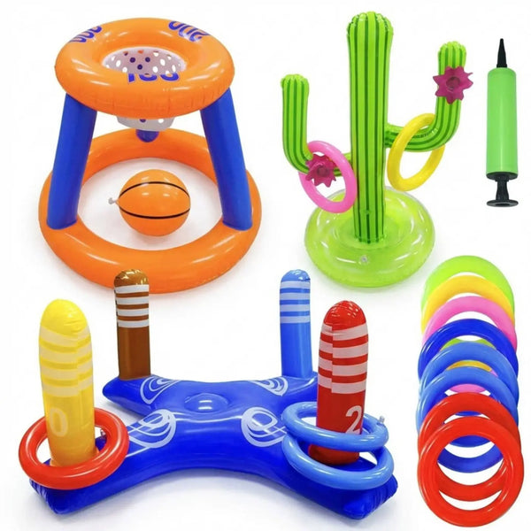AK Brand ball game set: Inflatable Pool Games Set with Basketball Hoop and Ring Toss