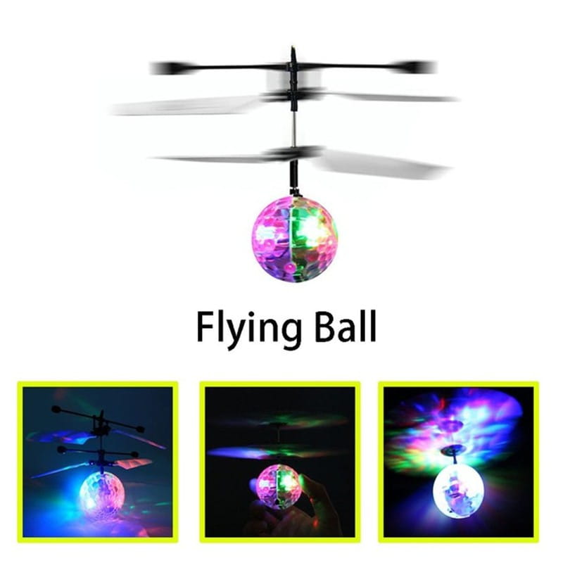 LED Magic Flying Ball: colorful disco ball suspended by hovering helicopter
