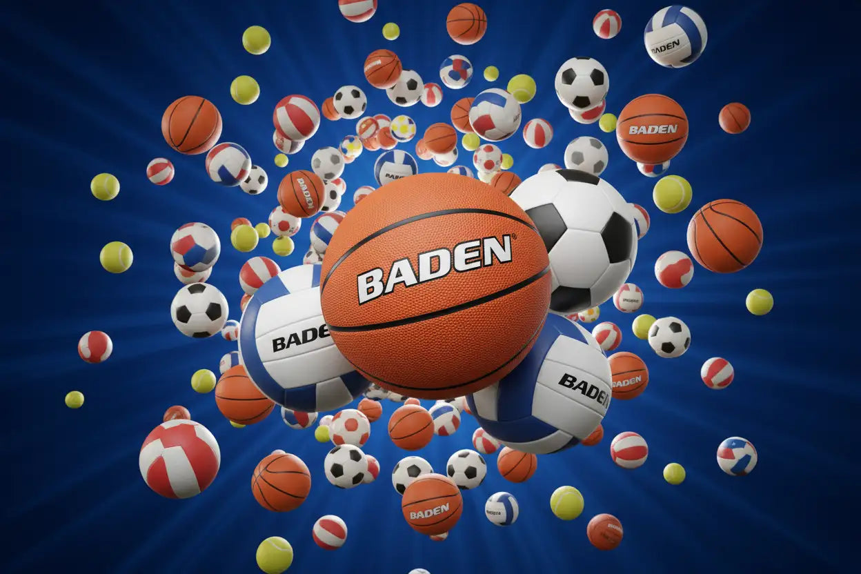 Orange basketball with ’baden’ branding in white lettering on its surface.
