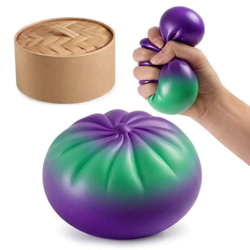 Purple and green gradient stress ball with a textured, dumpling-like design.
