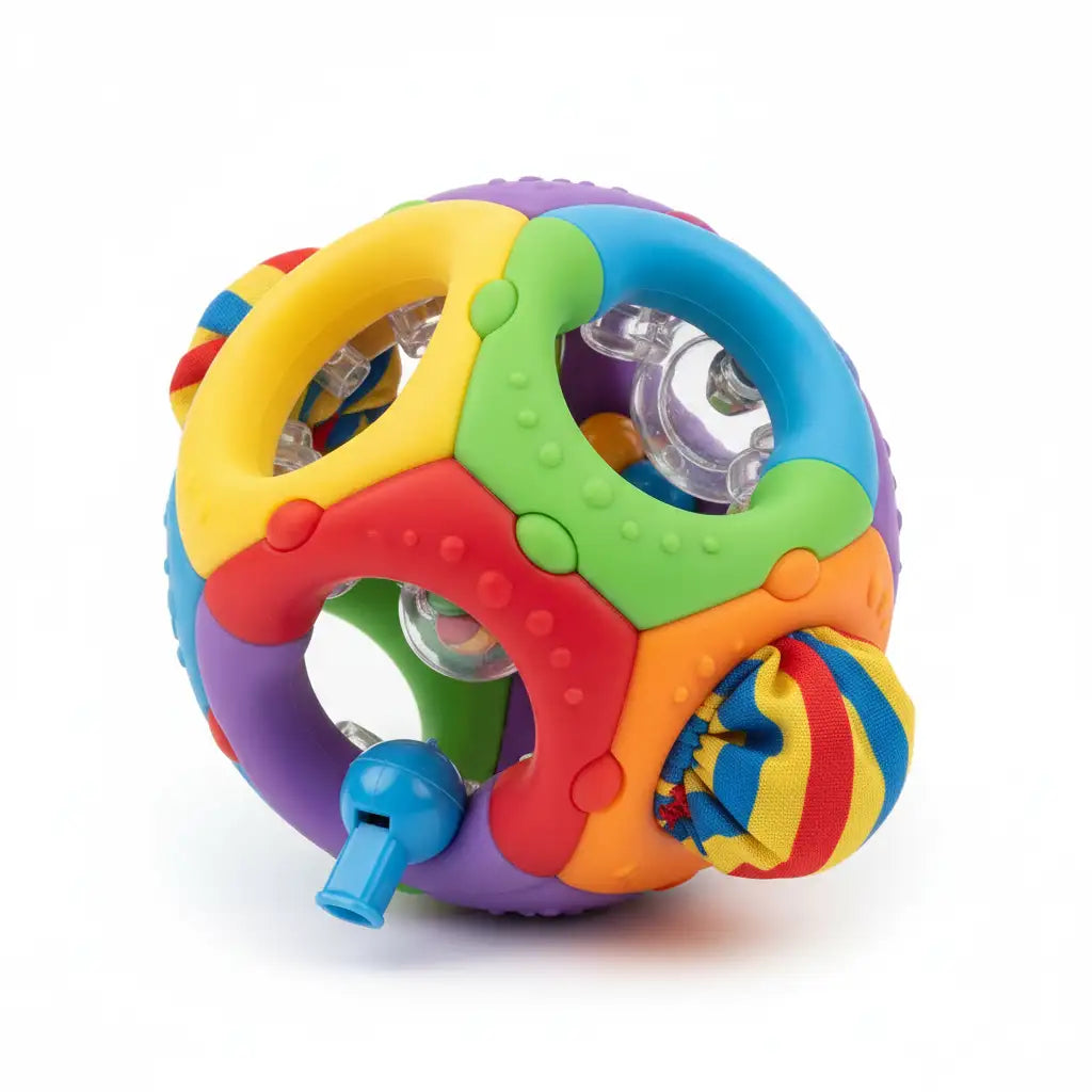 Rainbow-colored plastic baby teething ball with clear glass beads and a striped fabric pouch.
