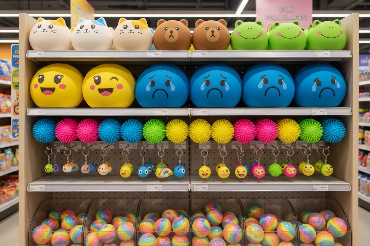 A shelf display of colorful, round stress balls with emoji and animal faces in various hues like yellow, blue, pink, green, and rainbow patterns.