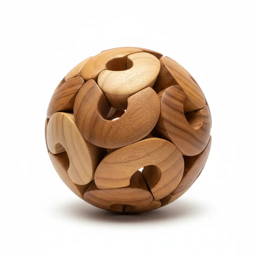 A spherical wooden puzzle composed of interlocking, c-shaped pieces in varying shades of natural wood tones.