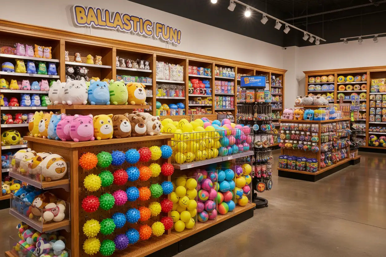 A vibrant collection of colorful, spiky balls in rainbow hues displayed on wooden shelves.