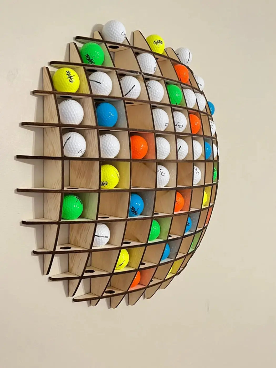 The Ball Depot decorative ball: Wall-mounted 78-ball Wooden Golf Display Stand