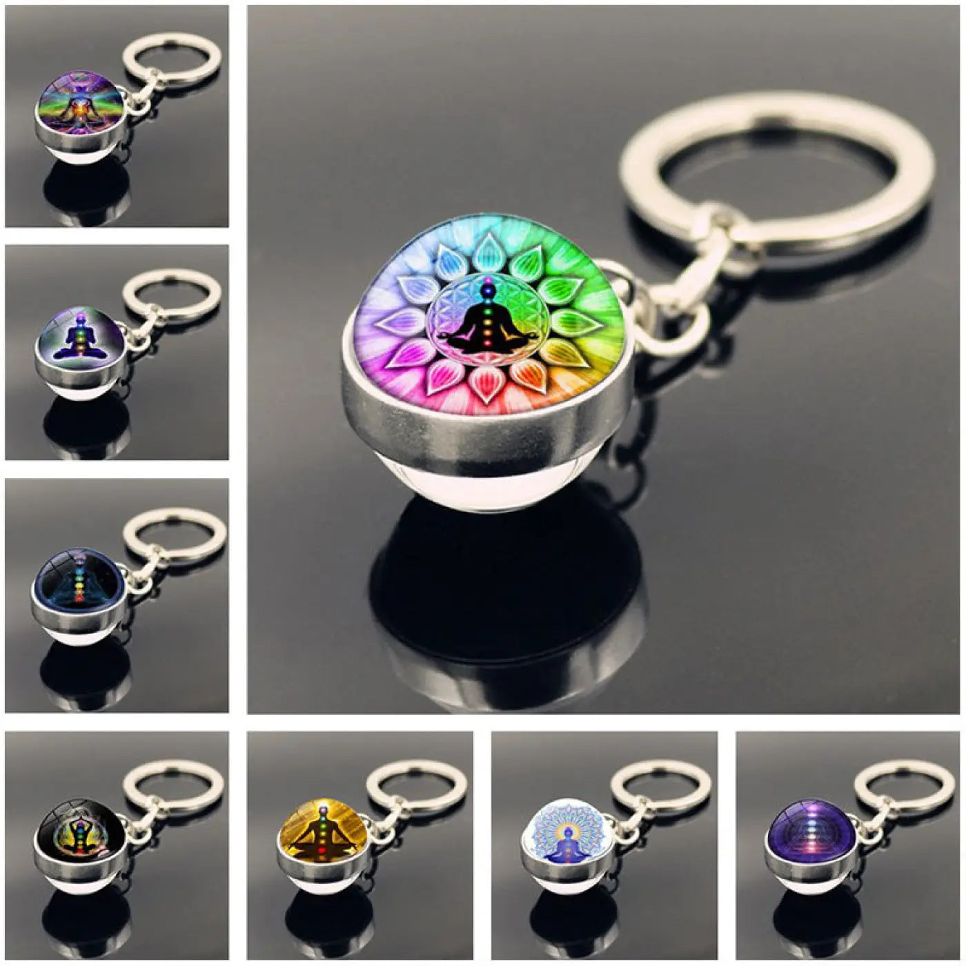 The Ball Depot yoga ball: Yoga Symbol Double Sided Glass Ball Keychain Pendant