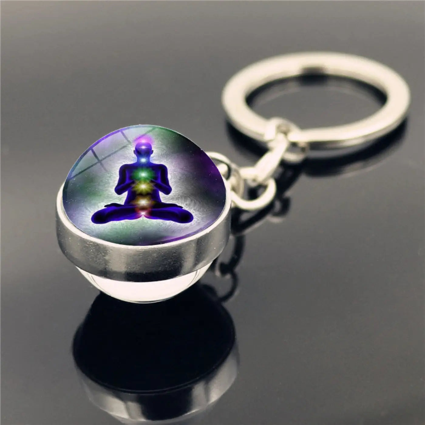 The Ball Depot yoga ball: Yoga Symbol Double Sided Glass Ball Keychain Pendant