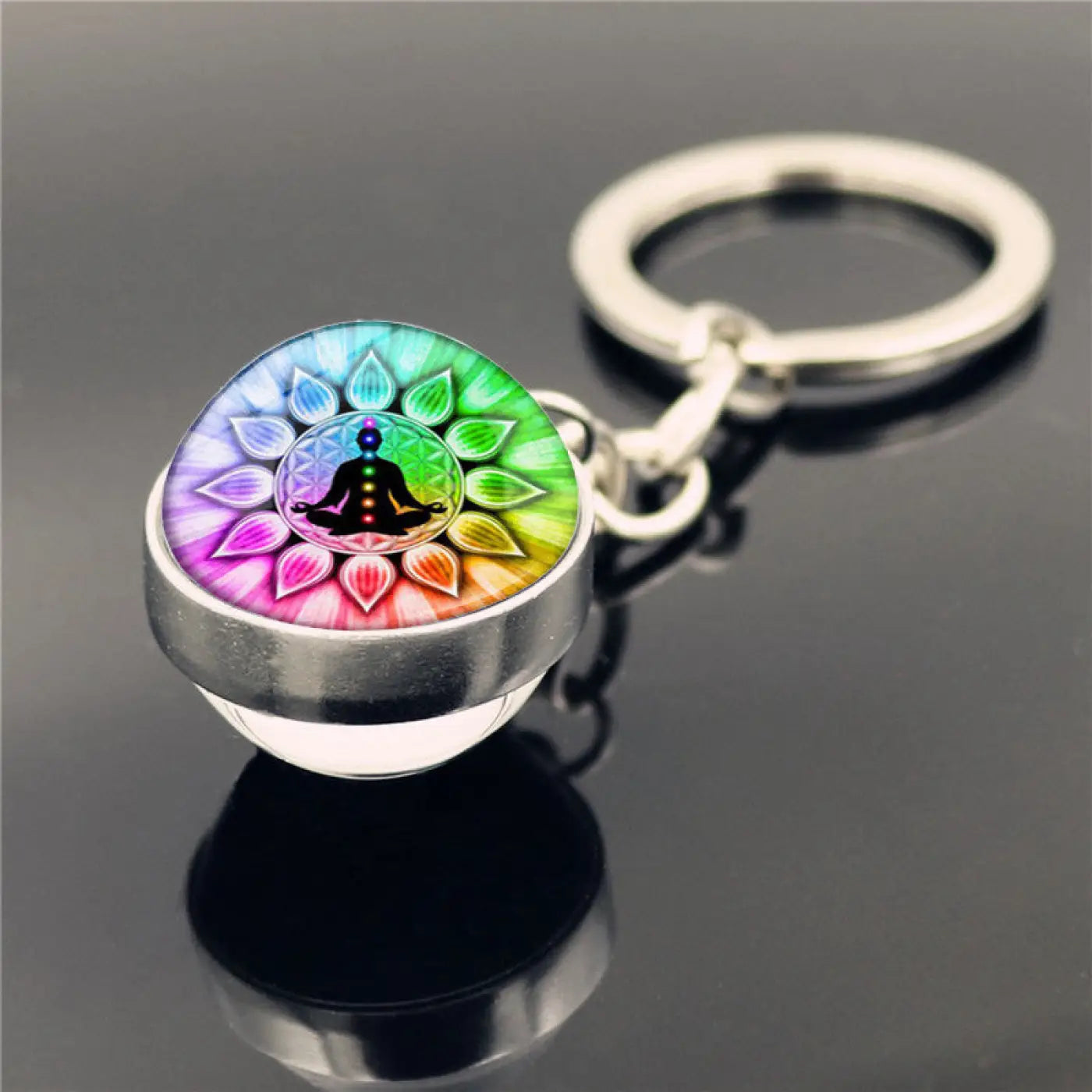 The Ball Depot yoga ball: Yoga Symbol Double Sided Glass Ball Keychain Pendant