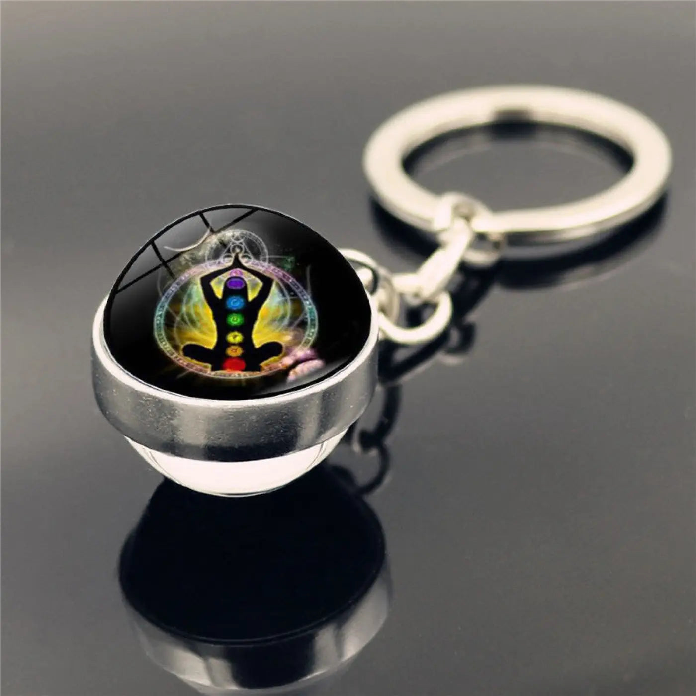 The Ball Depot yoga ball: Yoga Symbol Double Sided Glass Ball Keychain Pendant