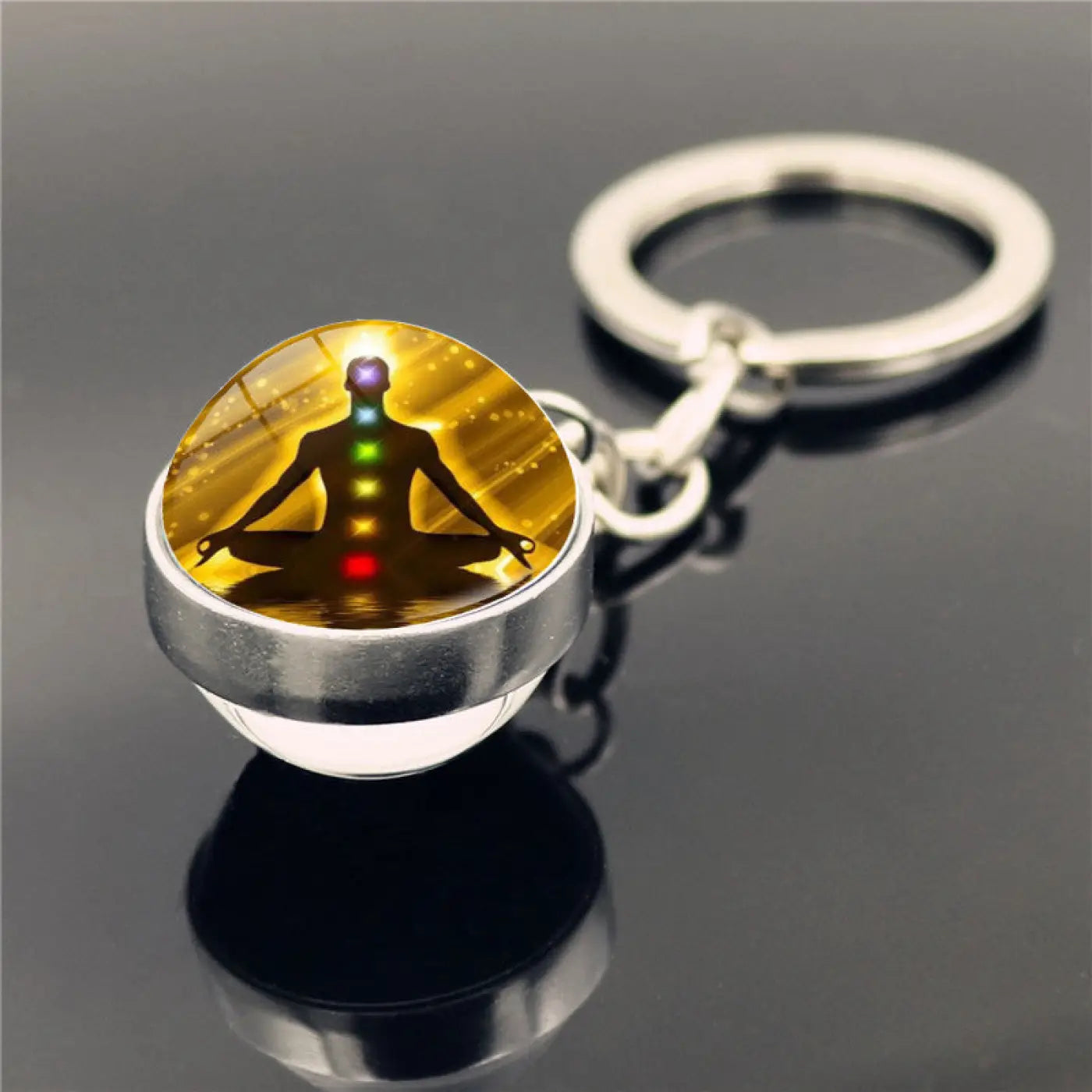 The Ball Depot yoga ball: Yoga Symbol Double Sided Glass Ball Keychain Pendant