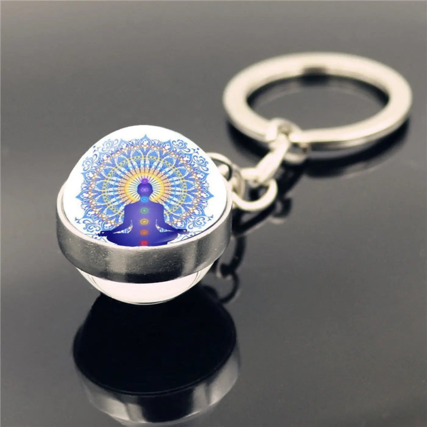 The Ball Depot yoga ball: Yoga Symbol Double Sided Glass Ball Keychain Pendant